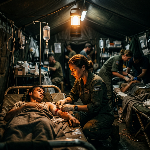 Field medic treating a patient in a makeshift hospital tent
